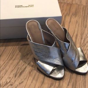 Diane Von Furstenberg silver mules size 8.5